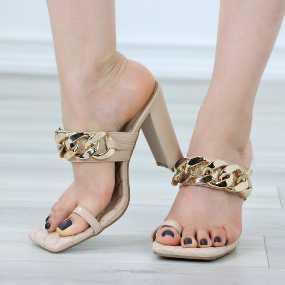 Square Open Toe High Heel Slide Sandal Flip Flops Mules Slip-On Toe Ring - Picture 1 of 11